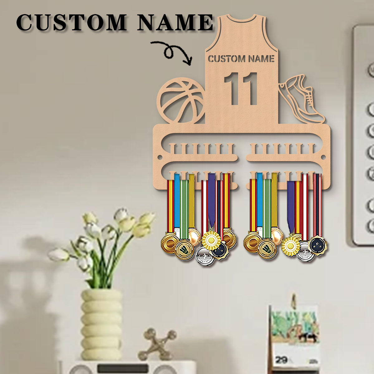 Personalized Engraved Gift - 1pc Custom Wooden Basketball Medal Hanger,